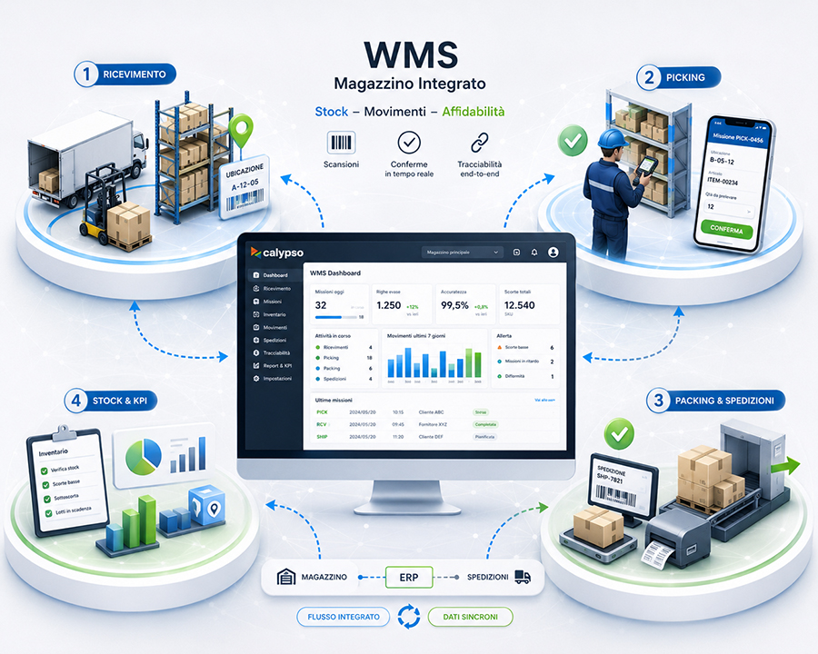 WMS magazzino integrato Calypso: missioni, picking, packing e spedizioni sotto controllo